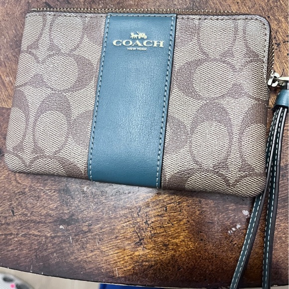 - Coach Signature Canvas Wristlet with Green Leather Trim— - Picture 1 of 13